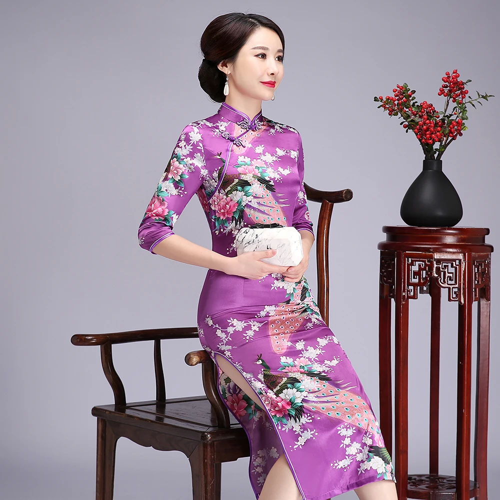 Винтажное тонкое женское длинное китайское традиционное платье с воротником