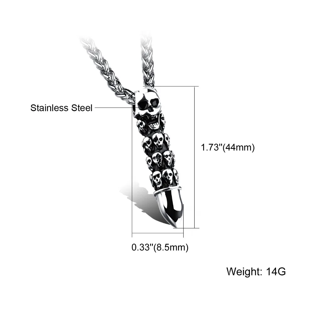 Ожерелье Нержавеющей Стали 316L Скелет Pattern Пуля Форма Подвеска Titanium Звено Цепи