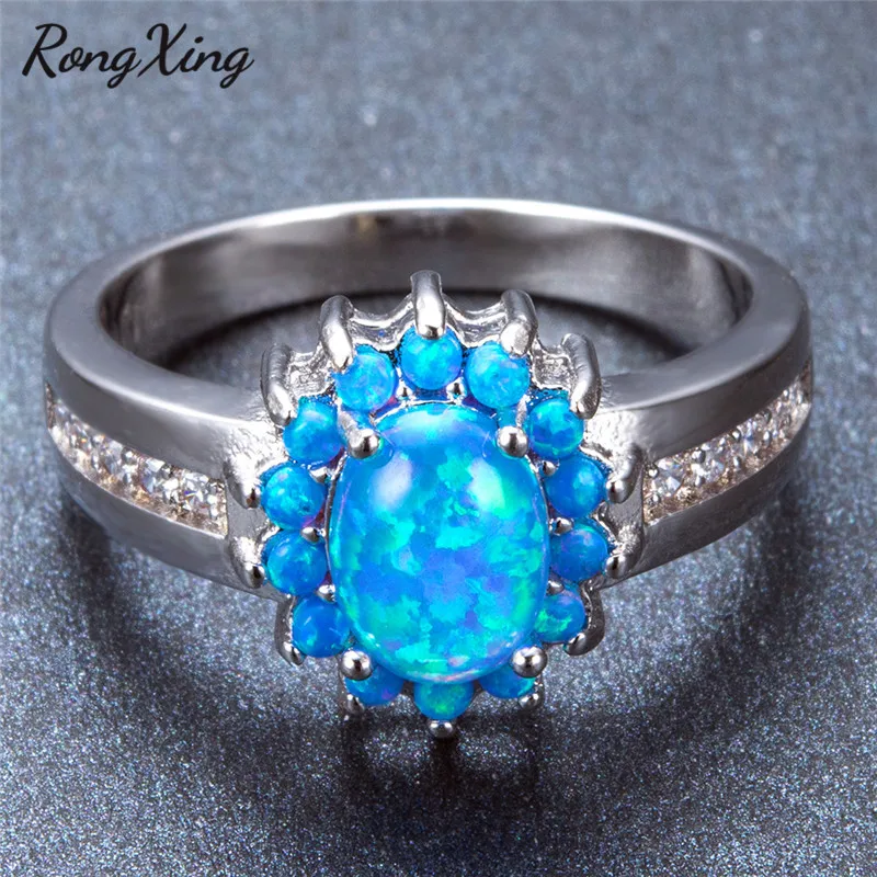 RongXing Stylish White/Blue Fire Opal Oval Birthstone Rings For Women Silver Color Zircon Rainbow Jewelry RP0152 | Украшения и