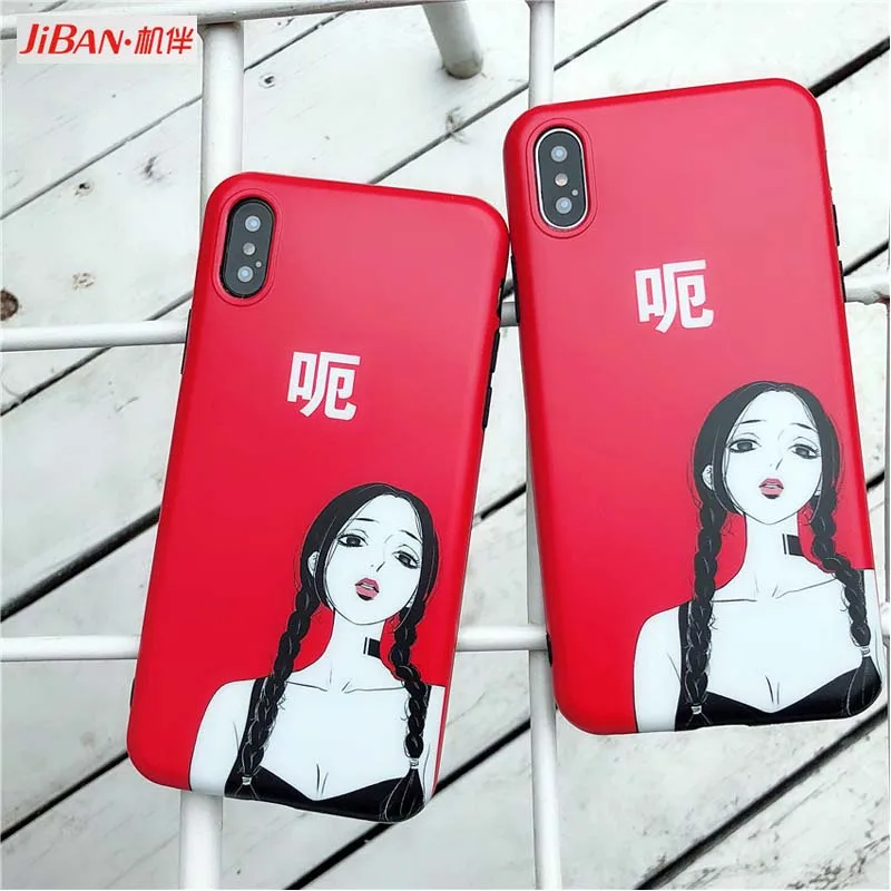 JIBAN Art wind girl Red Phone Case for iPhone X Soft TPU IMD frosted Cases iphone 8 7plus 6s 6plus protective phone Cover |