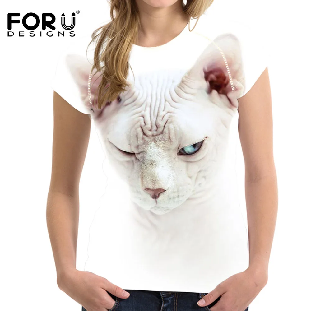 FORUDESIGNS/Женская 3D футболка Канадская безволосая Футболка с принтом кота круглым