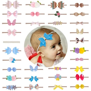 Повязка на голову для девочек, нейлоновая, с бантом в виде цветка, 10 шт.компл., набор повязок эластичная, тюрбан, аксессуары для волос для детей