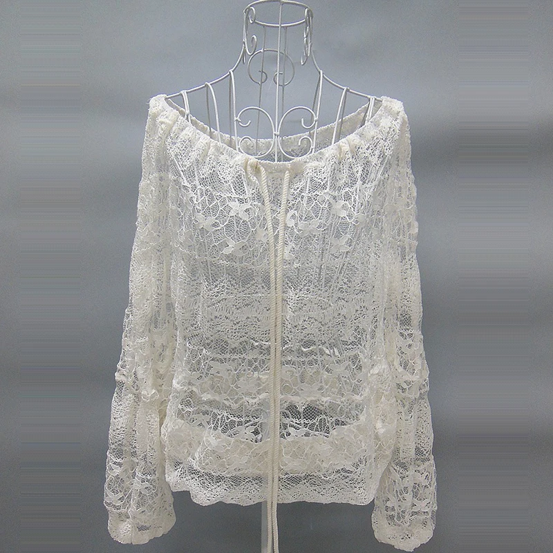 2017 Fashion Sexy Off White Lace Blouse Women Summer Shoulder Slash Neck Lantern Sleeve Shirt Plus Size Tops Clothing 8521 |