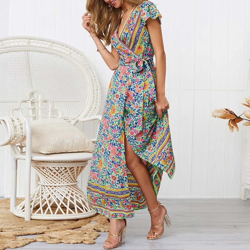 Bayboad новые модные длинные летние платья короткий рукав v-образным вырезом Boho