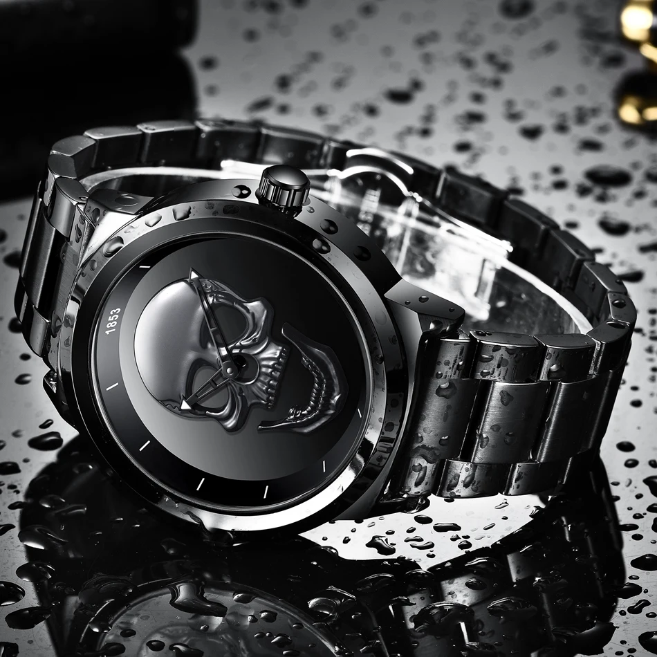 Cool Punk 3D Skull Men Watch Brand LIGE Luxury Steel Gold Black Vintage Quartz Male Watches sport clock Relogio Masculino