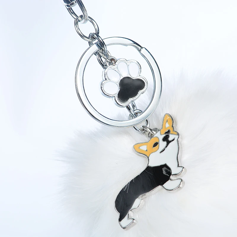 Welsh Corgi Pembroke кролик мех помпон брелок для женщин мужчин сплав Pom собака кулон Шарм брелок на сумку автомобильный брелок для ключей