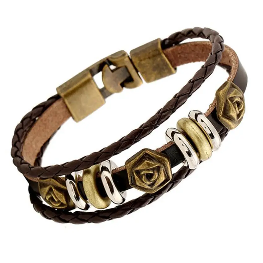 Тройной золотой розовый амулеты Плетеный темно коричневый кожаный браслет для