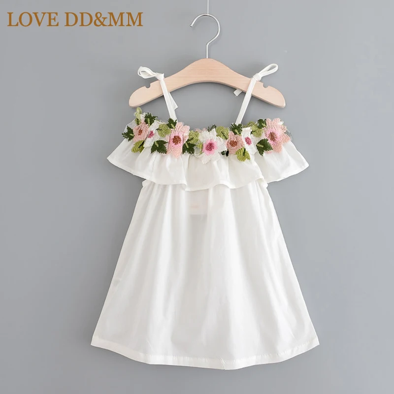 Белый Одежда для девочек с надписью «LOVE DD& MM»; платья для девочек; Новинка г.; летнее модное милое Хлопковое платье на бретельках с вышитыми цветами и воротником - Цвет: Белый