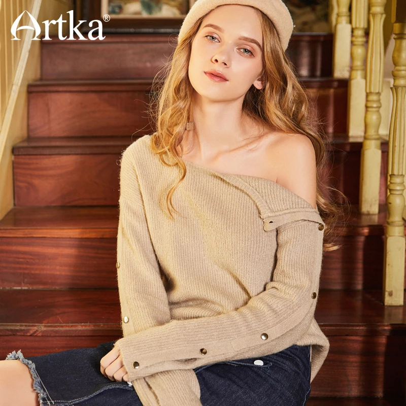 ARTKA 2018 Новинка Весна Твердые кнопки o-образным вырезом полный рукав Пуловеры