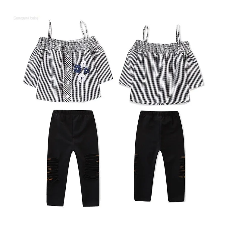 Комплект из блузки с вышитыми цветами и брюк в полоску без рукавов для девочек на