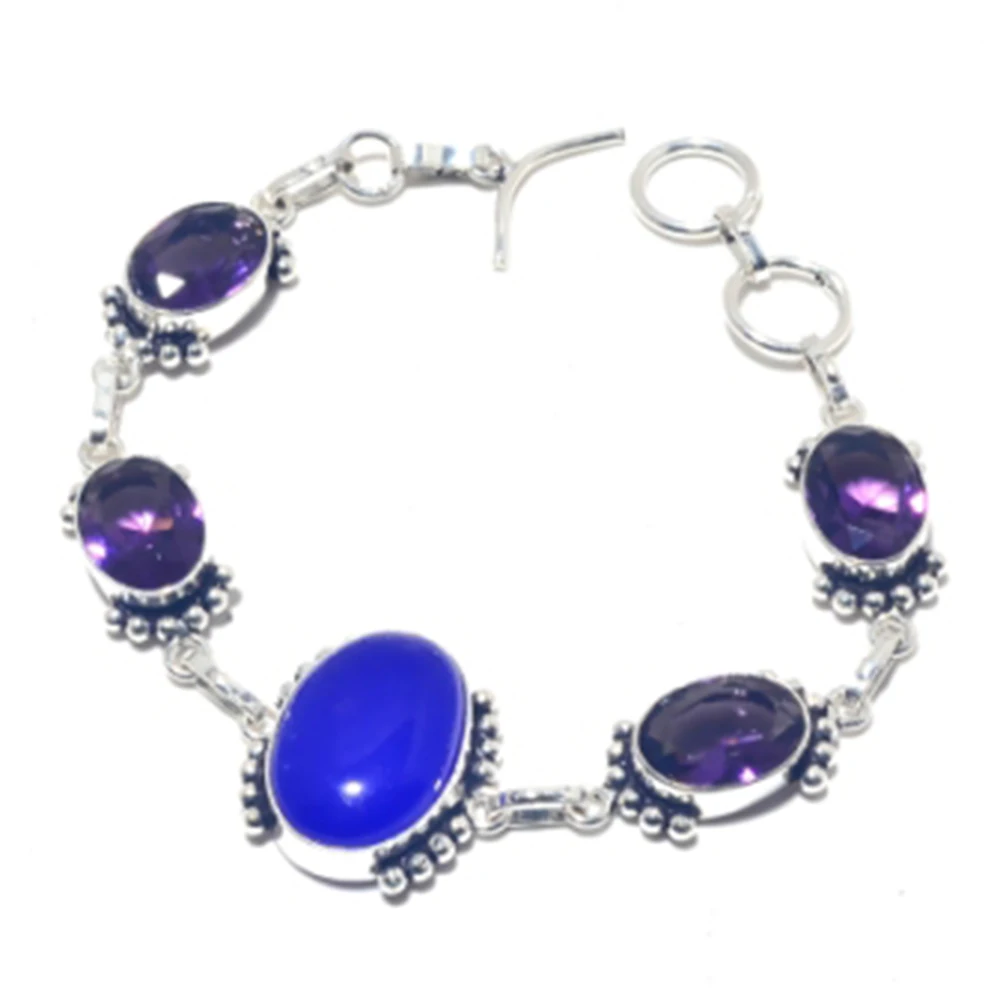 

Chalcedony,Amethysts Bracelet Silver Overlay over Copper, 21.3cm , B3975