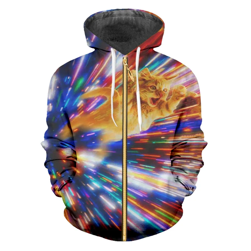 OGKB 2018 Spring Fall Women/men's 3D Print Colorful Cat Zip Hoodies Animal Sweatshirt Unisex Hiphop Hooded Hoody Jackets 6XL | Мужская