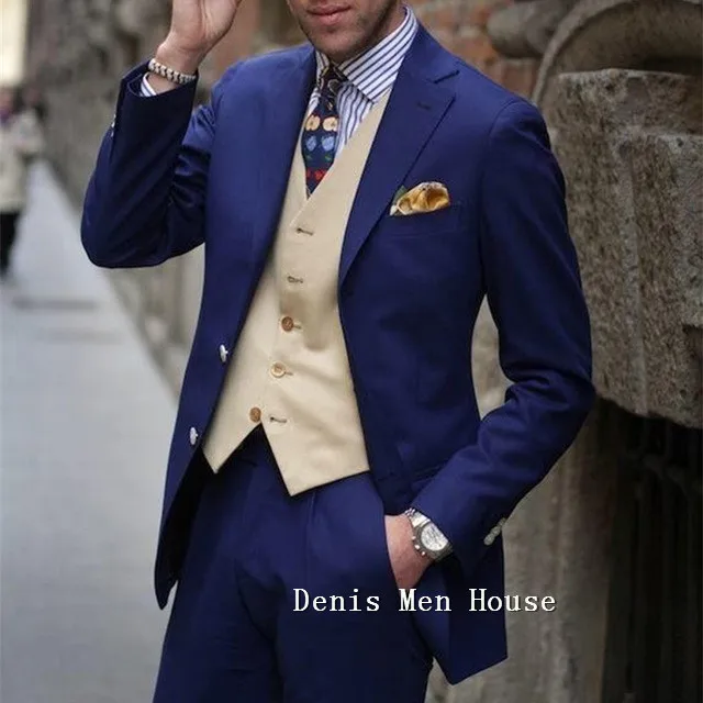 2019 Дешевые Новые темно-синие облегающие мужские костюмы на свадьбу смокинг
