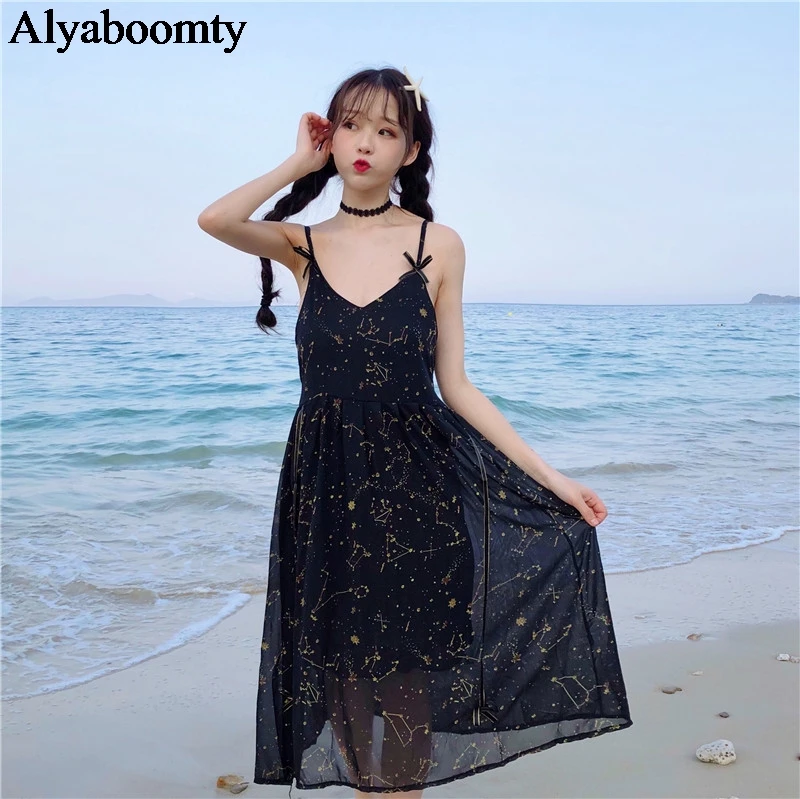 Японский Харадзюку Женский Черный Белый сарафан подтяжки v образный вырез