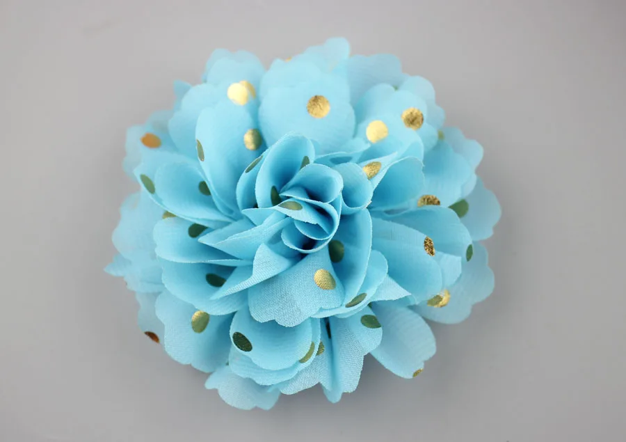 Новинка 2017 года 4 дюйма Шифоновый Цветок в Золотой горошек для заколки девочек 24