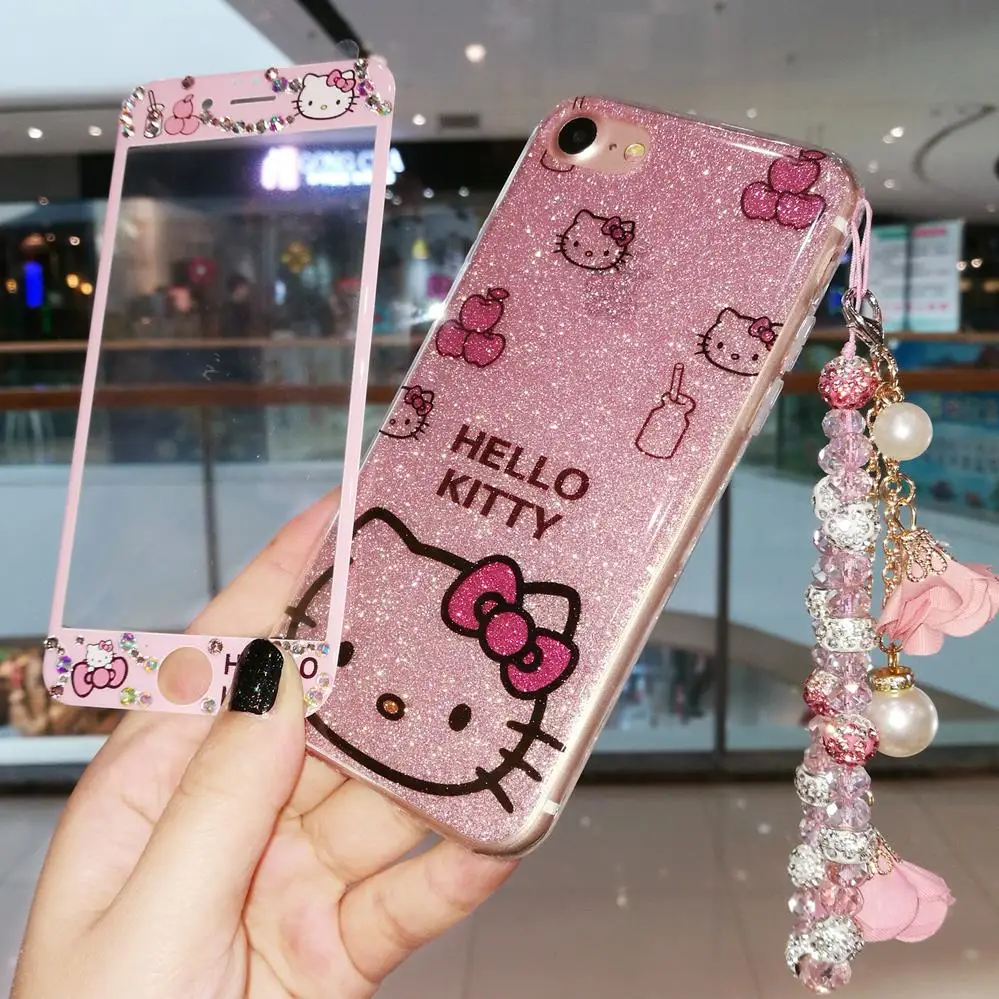 Для iPhone XS max XR X Роскошный чехол Kitty + пленка из закаленного стекла bling hello kitty для 8 plus