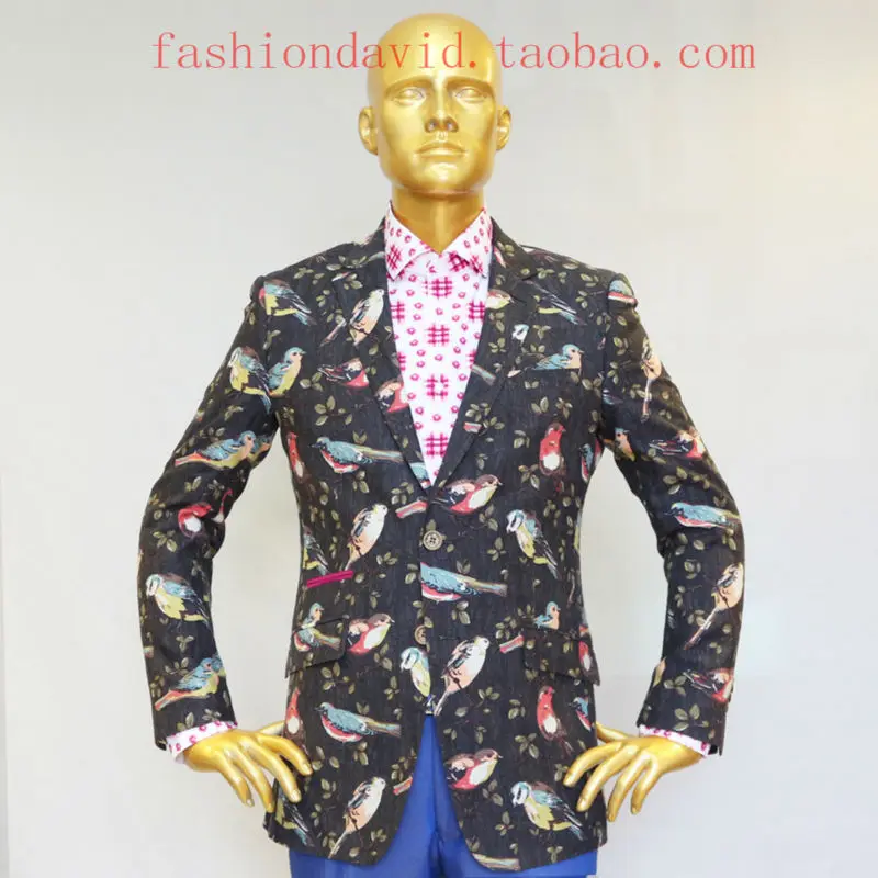 

designer's casual jacket grey with printed bird/tree floral man's fashion cotton coat custom tailor made bespoke MTM jacket
