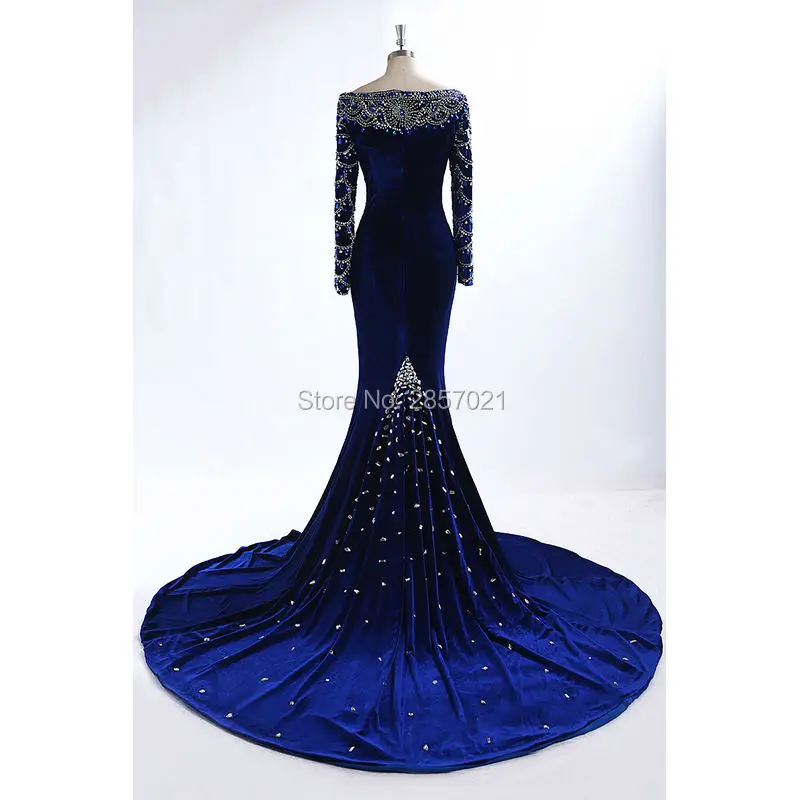 Настоящее Фотография Luxury Royal Blue Velvet Вечернее Платье На Заказ Русалка С Длинным Рукавом Пром Платья Формальные Хрустальные Бусины Дубай Вечернее Платье