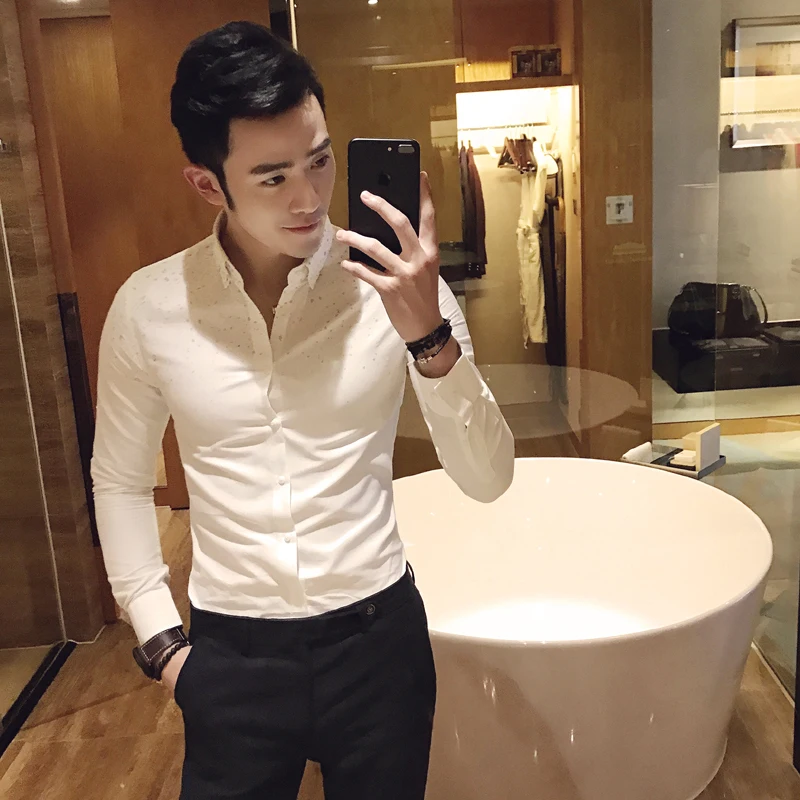 Летняя новая мужская рубашка с длинным рукавом приталенная модная простая