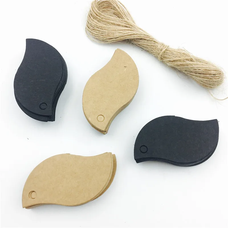 

100pcs/lot Black Brown Kraft Paper Tags DIY Mini Food Label Bird Leaves Shaped Wedding Card Blank Price Hang Tag Strings 5*3cm