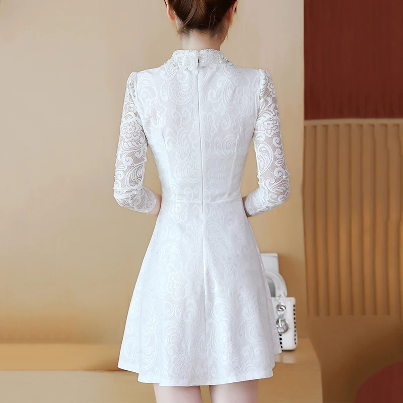QAZXSW Casual Dress Women Lace Spring Autumn Ladies Sweet Dresses Female Solid A-Line gatsby warm dress YC001 | Женская одежда