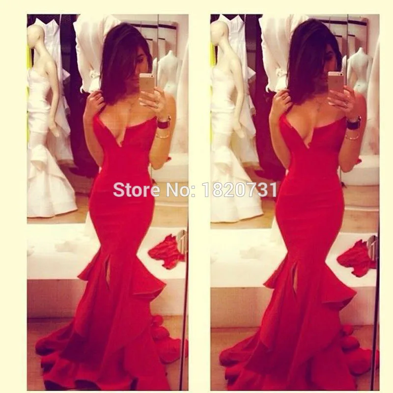 

Vestido Fiesta 2020 sexy red satin mermaid off the shoulder dresses v-neck slit evening gowns party gowns homecoming gown