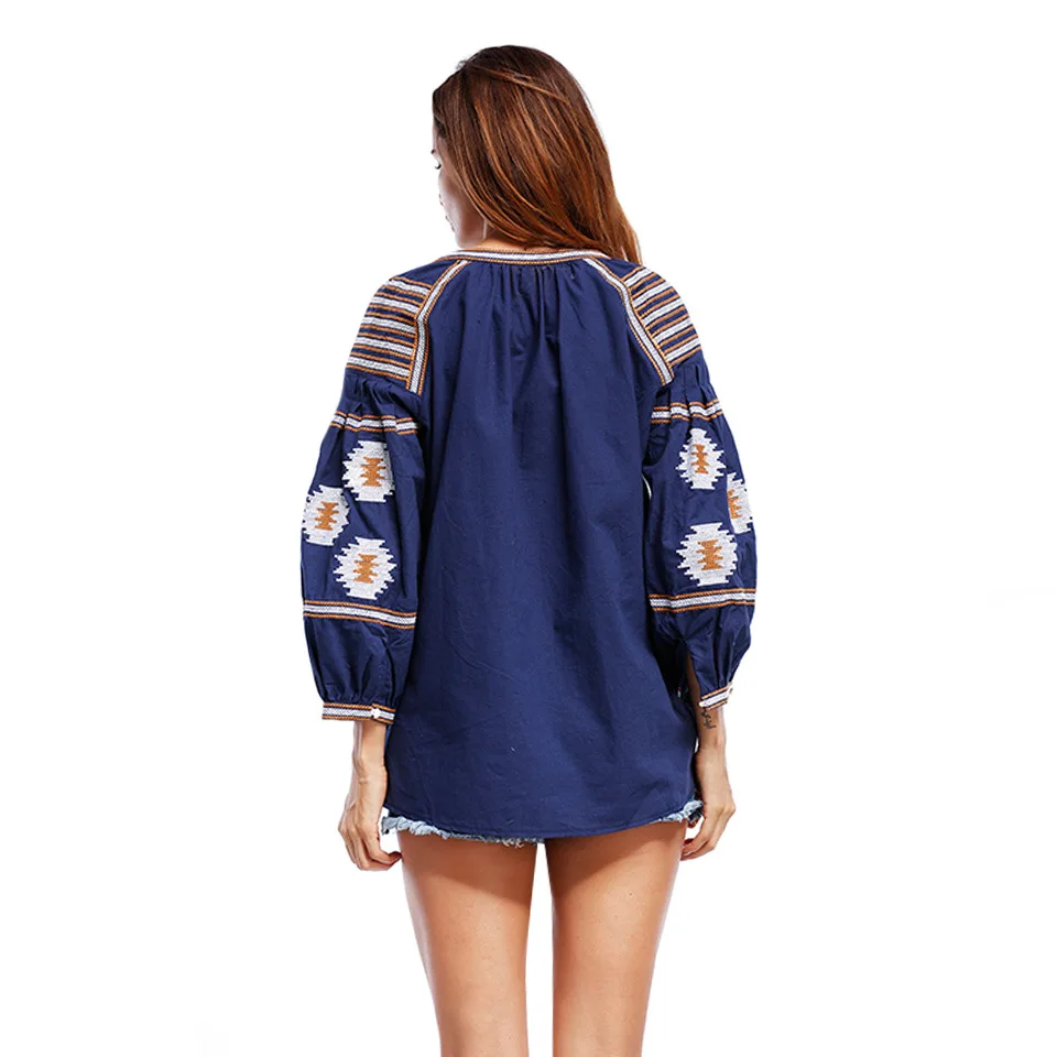 

2018 Women Floral Embroidery Blue Blouses Tassels Tine Long Puff Sleeve Loose Long Shirt Special Casual Tops Blusas Autumn