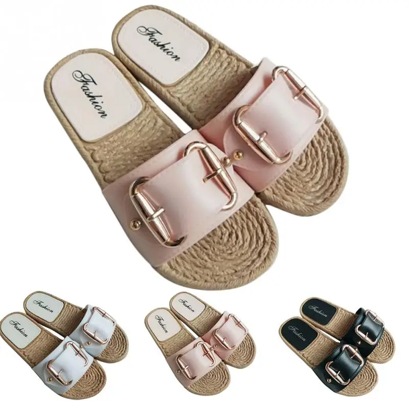 Модные льняные домашние тапочки с пряжкой женская домашняя обувь женские