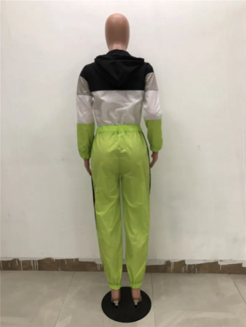

2019 Contrast Color Casual Jumpsuit for Women Long Sleeve Front Zipper Hooded One Piece Overalls Pockets Streetwear Loose Romper