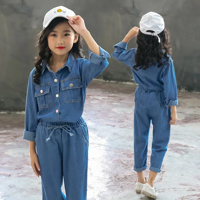 Комплект из 2 предметов синяя рубашка для девочек и джинсы Джинсовая Верхняя