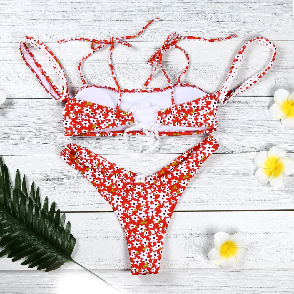 Женский купальник с оборками однотонный на бретельках комплект бикини пуш ап