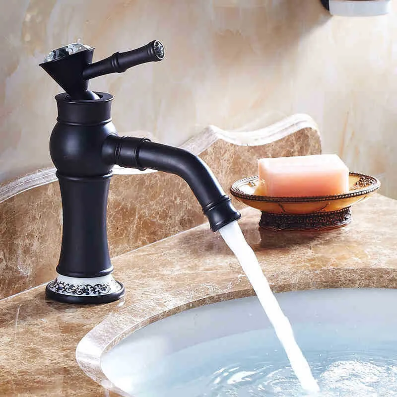 

LIUYUE Basin Faucets Black Brass Retro Porcelain Bathroom Rotate Water Mouth With Diamond Cold Hot Water Crane Sink Mixer Taps