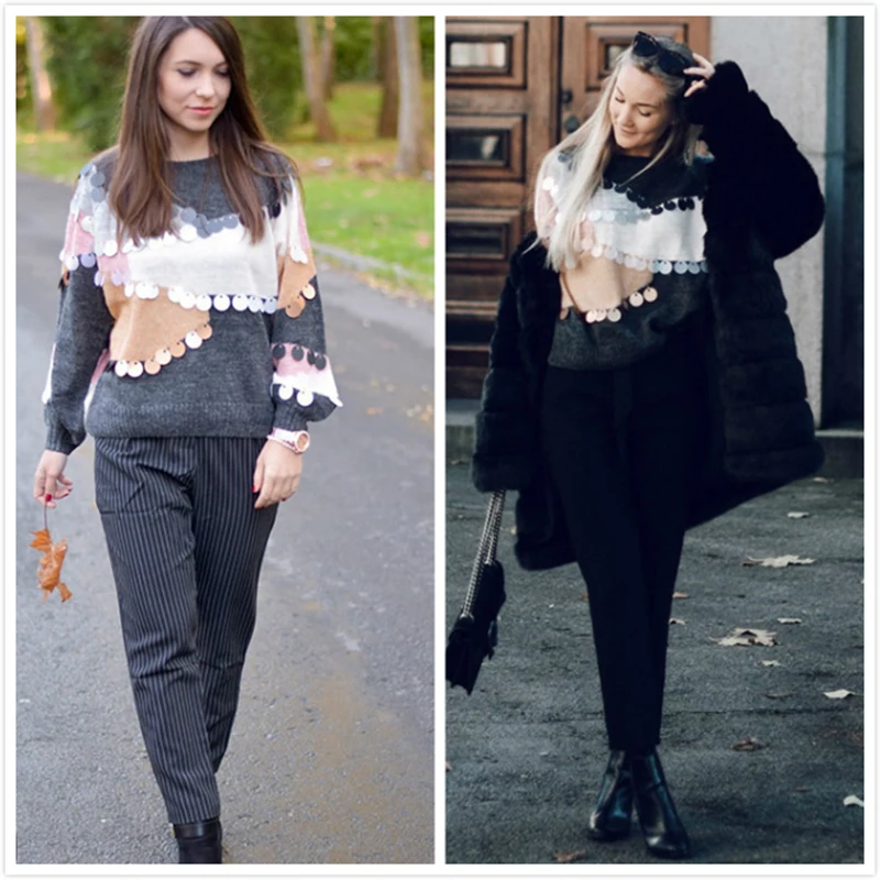 Sheinside, украшение из блесток, контрастный топ, свитер, круглый вырез, пэчворк, длинный рукав, свободные пуловеры, осенний Женский Повседневный свитер