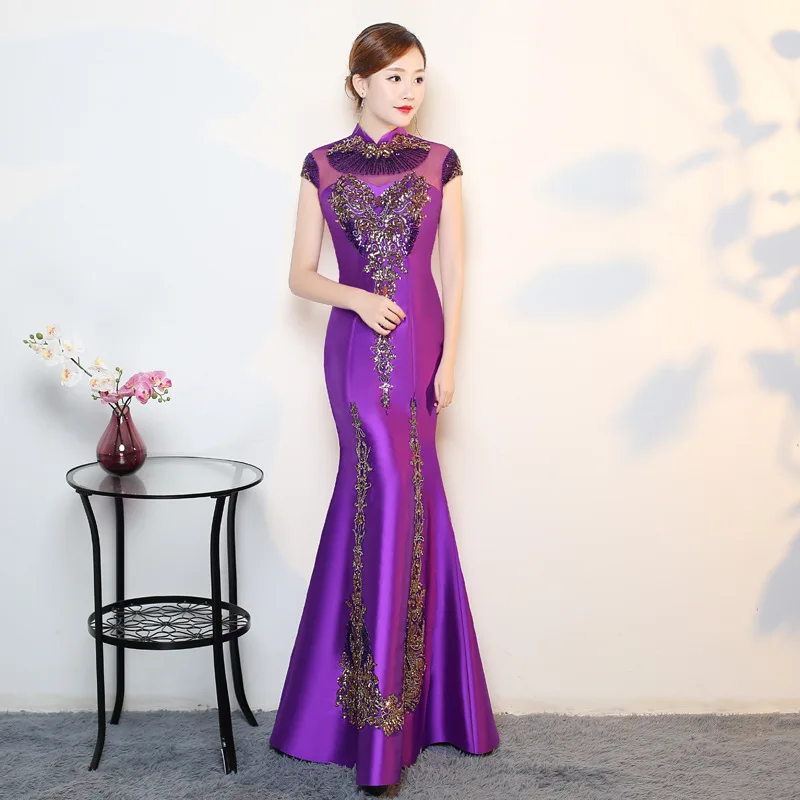 Purple Modern Cheongsam Sexy Qipao Women Long Traditional Chinese Dresses Oriental Wedding Gowns Evening Dress Robe Orientale