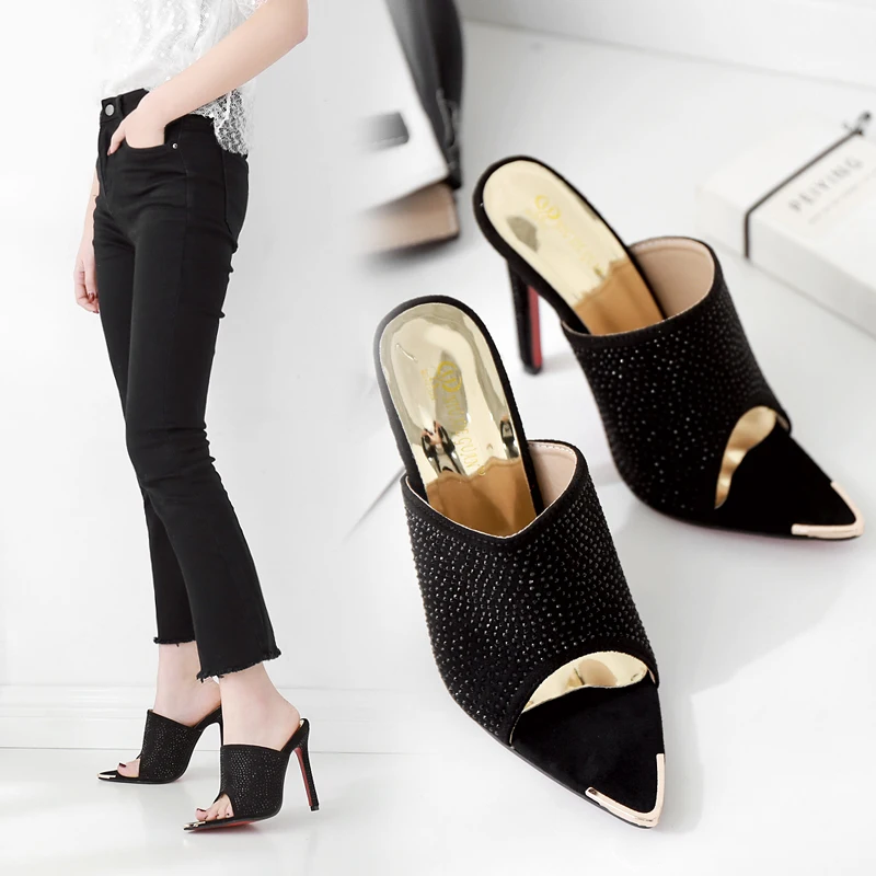 

Women Pointed Toe Ladies Slides Crystal Open Peep Toe Suede Slip On Super High Heels Mules Shoes Size 34-40 Casual Shoes Pumps