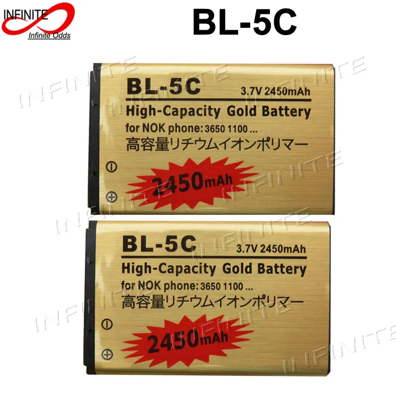 

2 pcs 2450mAh BL-5C BL 5C Gold Battery for Nokia 1100 3650 1111 1110i 1112 1208 1209 1600 1680 2112 2118 2280 C2-06 C2-00 X2-01