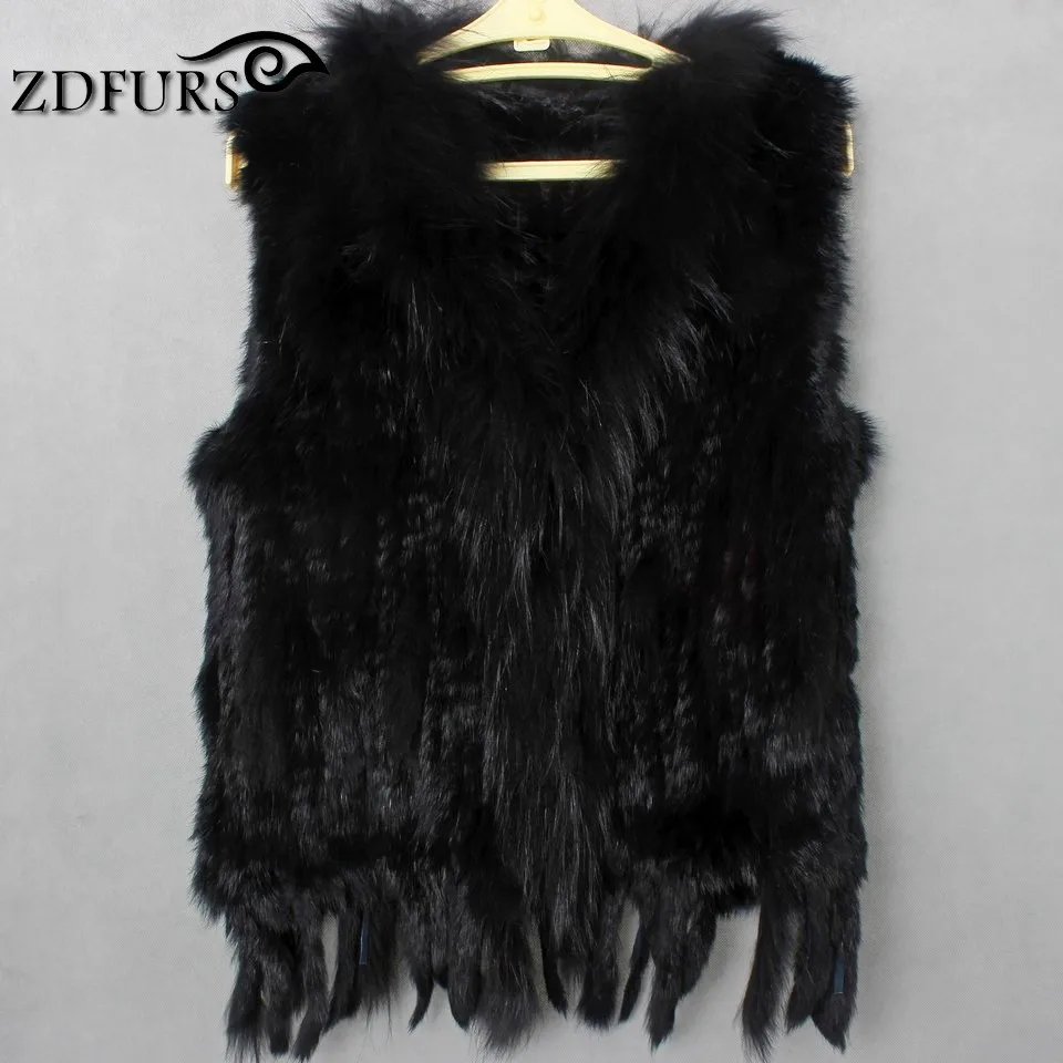 ZDFURS * вязаный жилет из кроличьего меха меховой воротник енота меха|rabbit fur waistcoat|rabbit