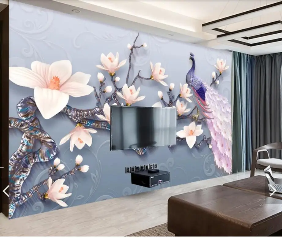 

3D Embossed Peacock Magnolia Flower Wall Mural Photo Wallpaper Wall Paper Contact Paper Floral Murals Papel De Parede Painting