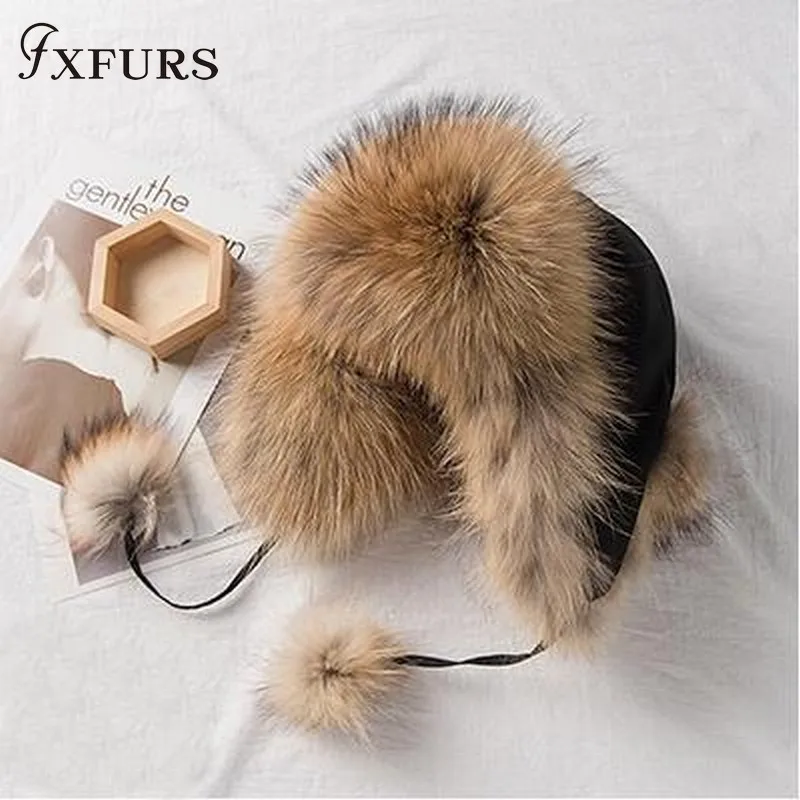 raccoon fur Шапки с натуральным лисьим мехом, зимние женские шапки из меха енота, шапка-бомбер, русская ушанка, шапка-Авиатор, шапка для катания на лыжах - Цвет: raccoon fur