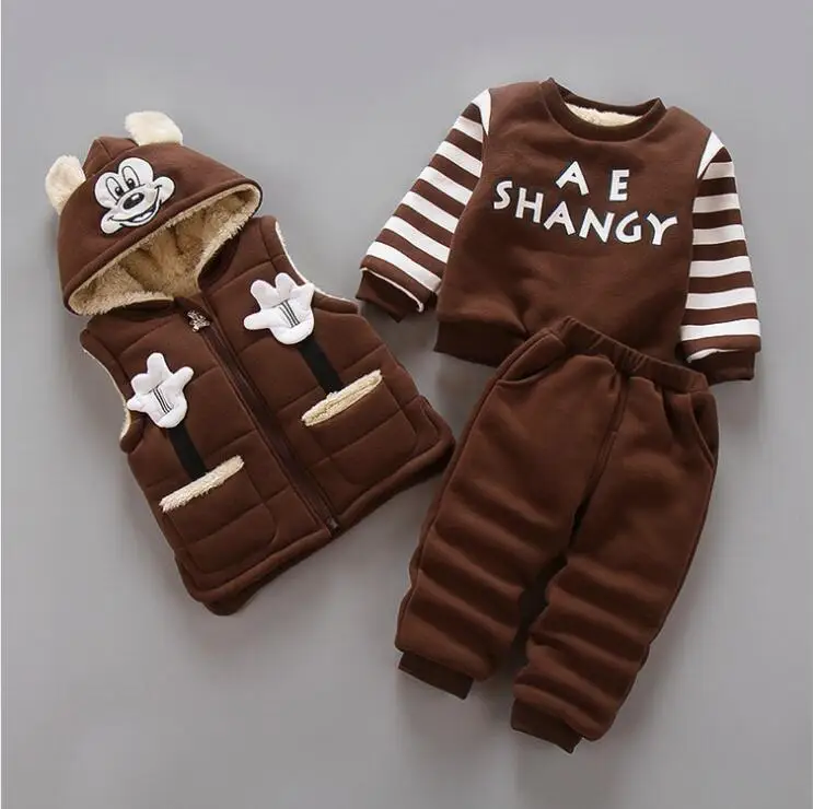 Children clothing sets baby boy and girls winter fashion cartoon mickey thicking Plus velvet hooded warm 3 pcs casual sport suit | Детская