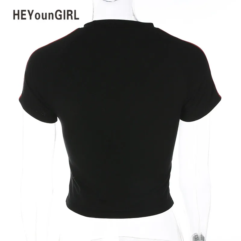 HEYounGIRL, черный короткий рукав, женский короткий топ, лето, повседневные футболки, хлопок, принт, китайский дракон, боковая лента, полосатая футболка