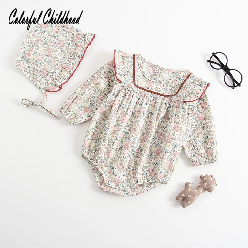 

Floral romper+hat baby girls long sleeve jumpsuit cotton overalls toddler baby pajamas children clothes spring autumn
