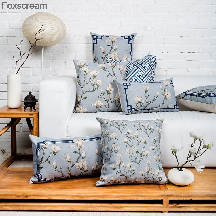 

Chinese Decorative Pillows Cases Flower Cushion Cover Blue throw pillows cusion Couch Cushions home Decor Linen Cushion for sofa