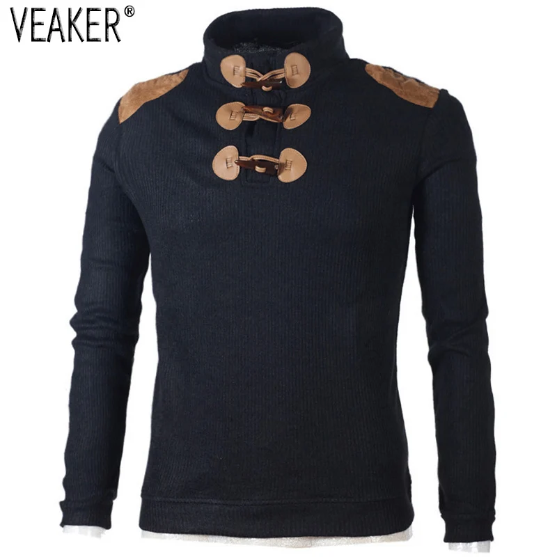 

2021 Autumn Men's Sweater Pullover Male Long Sleeve Horn Button Knitted Turtleneck Sweaters slim fit Black Gray Pullovers S-2XL