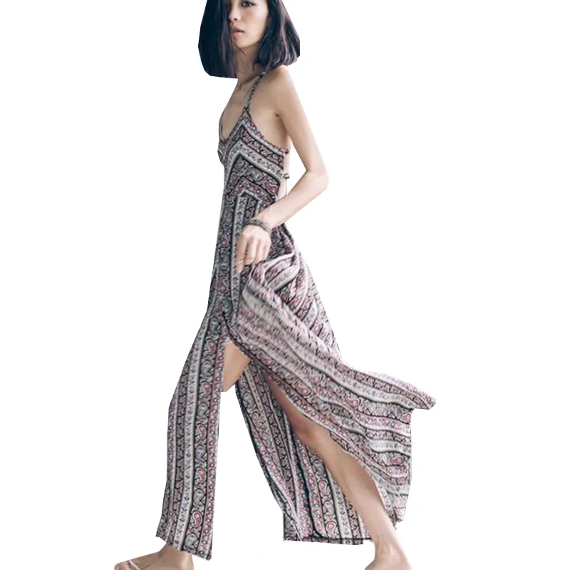 Женское винтажное платье с цветочным принтом длинное пляжное на бретелях