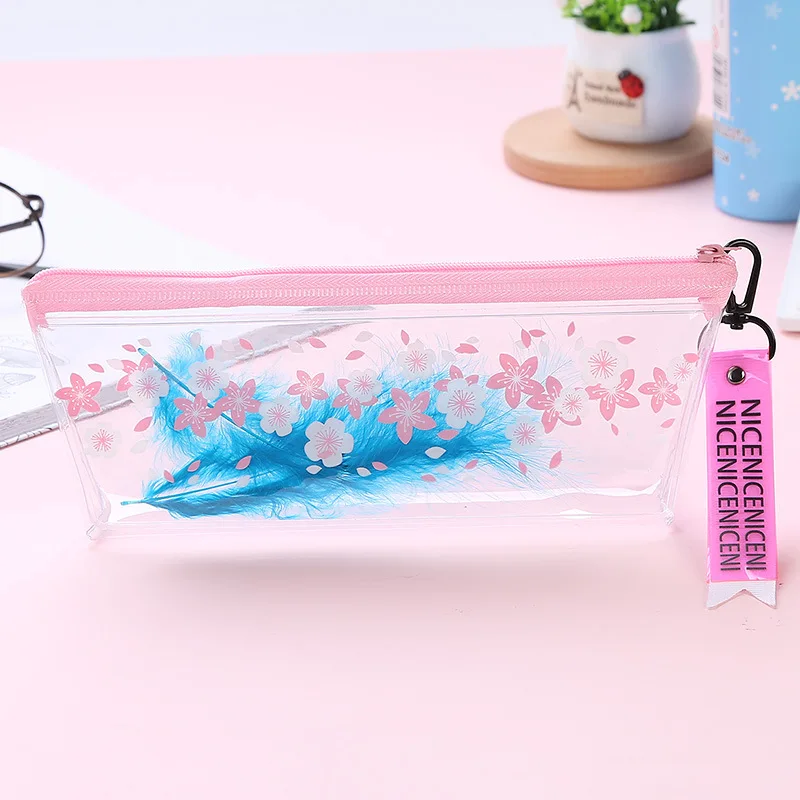 Милый розовый пенал с перьями и цветком Kawaii прозрачный школьный sakura школьные