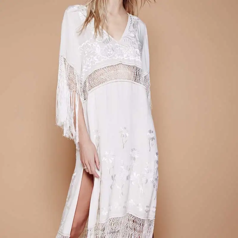 Boho вдохновил Белый бахрома летние платья Вышивка Sexy v-образным вырезом Сплит