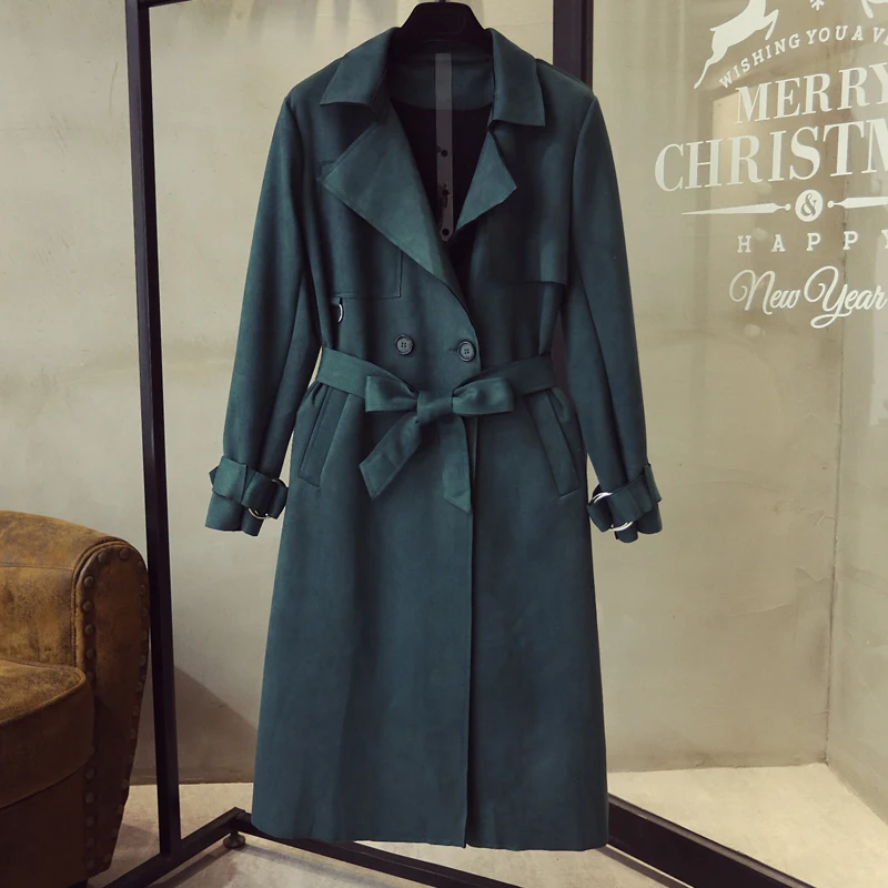 Dark green Осенний Модный женский плащ из искусственной замши белые пальто большой плащ с лацканами плюс размер свободные длинные тонкие пальто - Цвет: Dark green