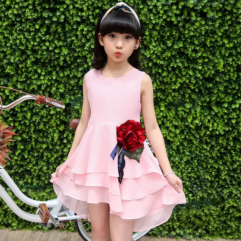 Летнее платье для девочек лето 2019 шифоновое принцессы без рукавов с цветочным