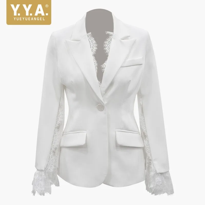 

New Design Women Lace Patchwork Formal Blazer Single Button Slim Fit Office Ladies Blazers Jacket Business Work Suits Coat White